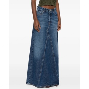 Jupes longues en jean délavé bleu décontractées sur mesure, taille haute, coupe trapèze, pour femmes - Product Image 4