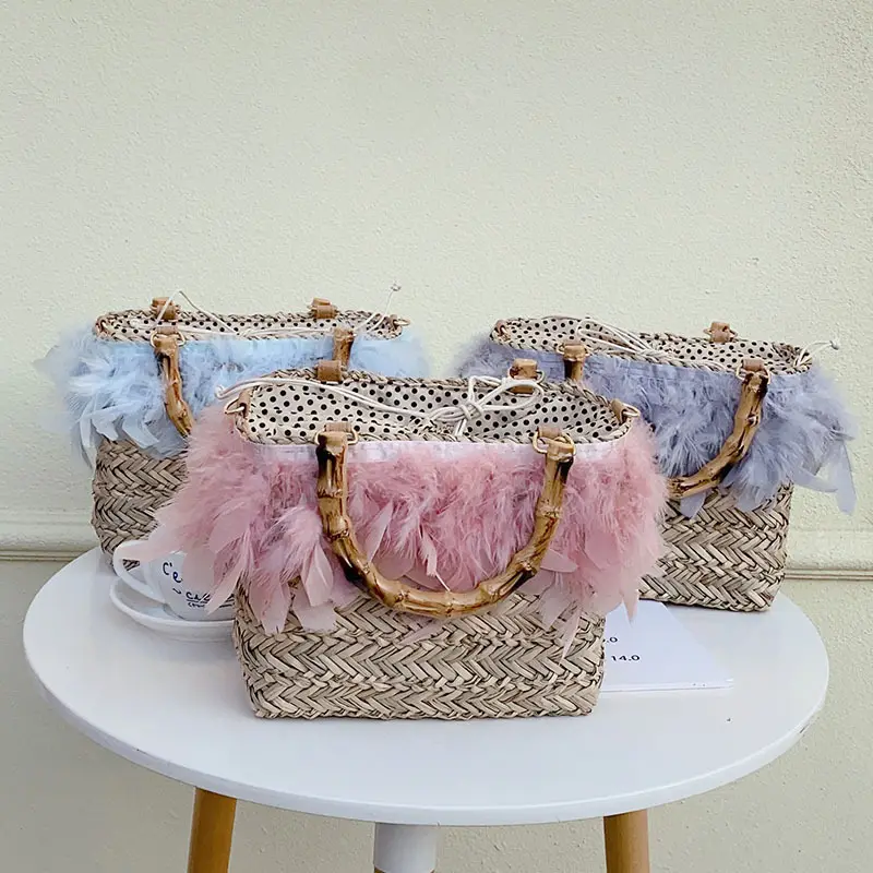 Borsa a mano personalizzata per le vacanze personali borsa a mano in paglia da spiaggia con piume di Macrame da spiaggia con manici in legno di bambù