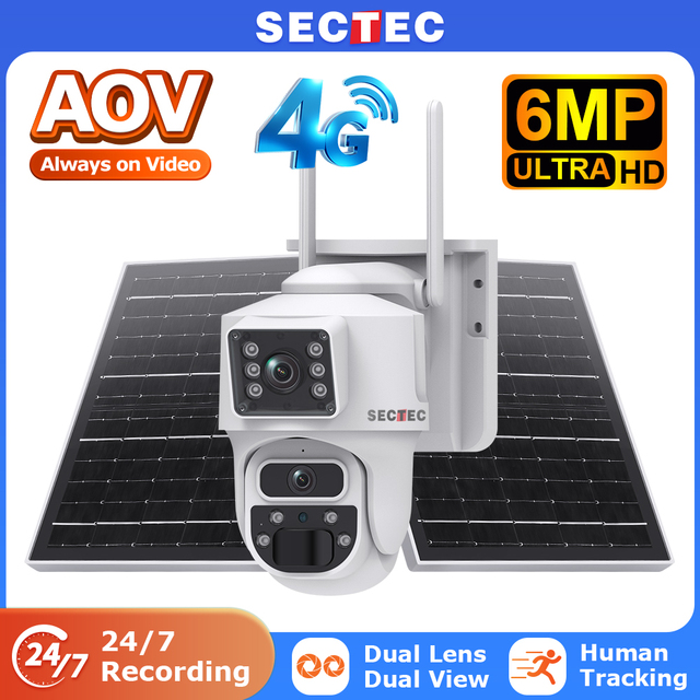 SECTEC Floodlight 24/7 Record AOV 4G IP66 Waterproof AI Human Detection 6MP WIFI PTZ Solar Battery Security Two-Way Audio Camera