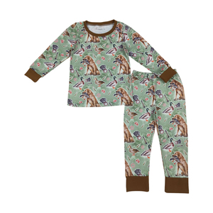 Ensemble de pyjamas pour bébés et tout-petits, manches longues, en soie verte, motif de dessin animé, respirant, printemps, vente en gros - Product Image 1