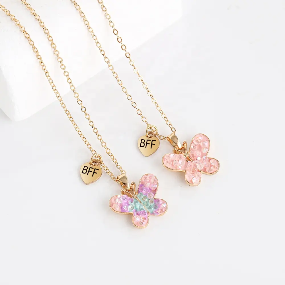 Customized Gold Plated Enamel Butterfly Heart Pendant Cute Kids Girls BFF Friendship Necklaces Parties Engagements Set