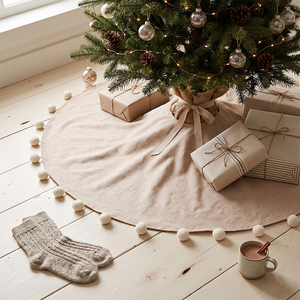 Falda para Árbol de Navidad de Lino Beige Crema con Pompones de 58 Pulgadas, Decoración Rústica para el Hogar, Estilo Granja, para Interiores y Exteriores - Product Image 1