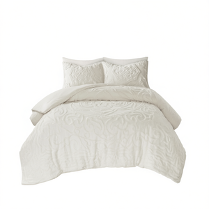 D0100HR27KP Tufted Cotton Chenille <b>Comforter</b> <b>Set</b> White 3 Piece Bedding Medallion Design - Product Image 1