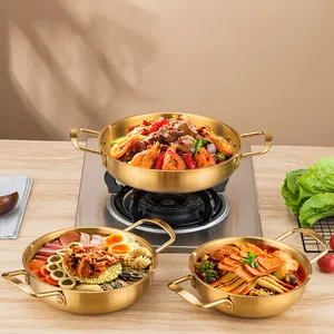 Drop Shipping Double Handle Hot Pot Paella Pan Korean Seafood Pot Ramen Pot Silver Stainless Steel Noodle Pan
