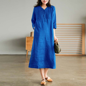 Abiti Estivi da Donna Casual Novità 2025 Stile Vintage Scollo a V Tinta Unita Larghi in Lino Mezza Manica Lunghi - Product Image 3