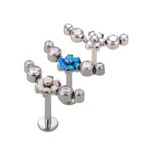 Usine Titane Corps Piercing Bijoux Interne Fileté & Push In Lunette Ensemble 4-CZ Pierre Cluster Avec Fleur Centre Top Anneau - Product Image 1