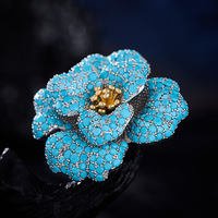 Bros Peony Tiga Dimensi TIANSHE Model Baru Bertabur Batu Turquoise Biru, Elegan, Mewah, untuk Acara Resmi