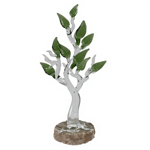 Modern Glass Tree Sculpture With Green Leaves On <b>Stone</b> Base Contemporary Tabletop <b>Decor</b> Single Piece - Product Image 1