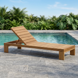 Chaise longue de jardin en teck minimaliste moderne sans accoudoirs avec dossier à lattes, lit de soleil inclinable pour patio - Product Image 2