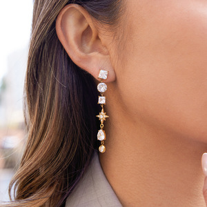 ต่างหูคริสตัลทรงหยดน้ำ ชุบทอง รูปดาวแปดแฉก ทรงหยดน้ำ ประดับขอบเพชร เครื่องประดับสำหรับงานปาร์ตี้สำหรับผู้หญิง - Product Image 2