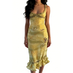 Conjunto de 2 Piezas con Estampado Floral para Mujer, Camiseta de Tirantes Finos y Falda Midi con Volantes, para Fiestas y Eventos Nocturnos - Product Image 2