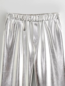 <span class=keywords><strong>Pantalon</strong></span> décontracté en <span class=keywords><strong>cuir</strong></span> PU de couleur argentée à <span class=keywords><strong>coupe</strong></span> <span class=keywords><strong>droite</strong></span>, brillant métallique élastique, taille haute, face plate, revêtement non tissé. - Product Image 3