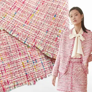 Hot selling Tweed fabric cotton polyester blend pink woven fabric for clothing