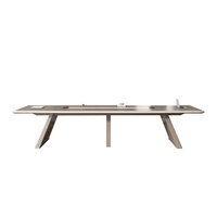Table de conférence exécutive moderne incurvée pour 10 personnes, table de salle de réunion avec plateau en bois grainé et base en panneau métallique