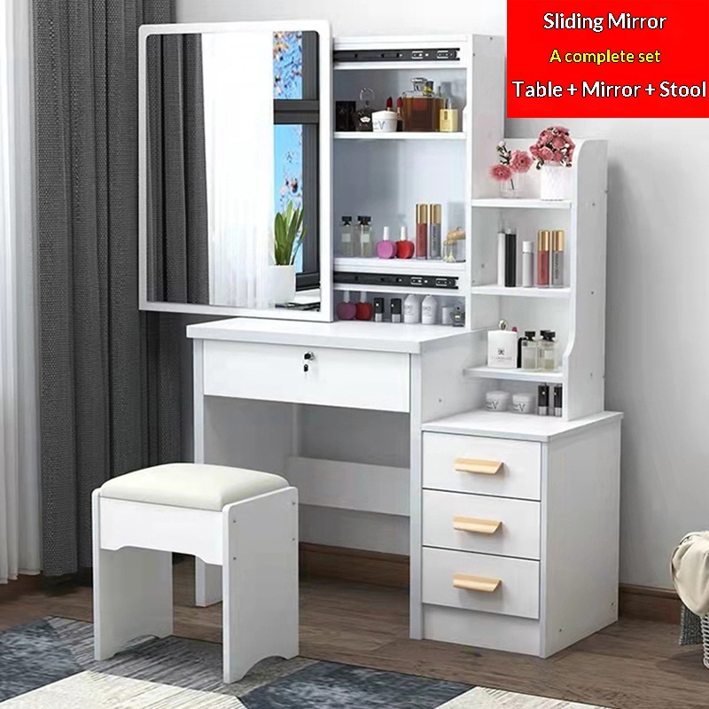 tabouret à miroir coulissant blanc chaud avec armoire droite