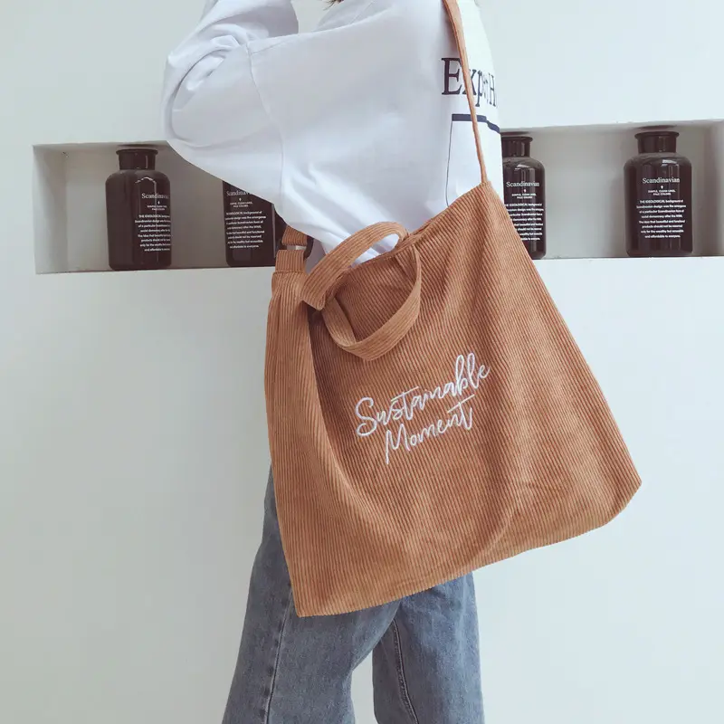 New Simple Letter Pattern College Style Fashion Women Large Capacity Retro Handbag Corduroy Tote Bag