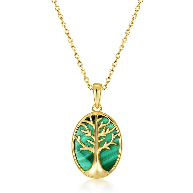 Unique gold plated tree pendant sterling silver malachite oval pendant
