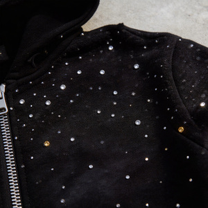 Sweat à capuche <span class=keywords><strong>noir</strong></span> oversize en coton French Terry de haute qualité, effet délavé, style streetwear, avec fermeture éclair et strass personnalisés - Product Image 5