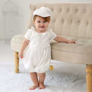 Accepter des vêtements personnalisés pour bébé, robe de baptême pour garçon, barboteuse et chapeau, ensemble de 2 pièces, <span class=keywords><strong>tenue</strong></span> de baptême en satin blanc - Product Image 3