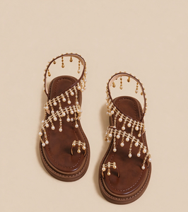 Sandales romaines à bout ouvert pour femmes, ornées de strass dorés brillants, avec pompon en perles marron, sandales de plage féériques d'été, confortables à porter - Product Image 5