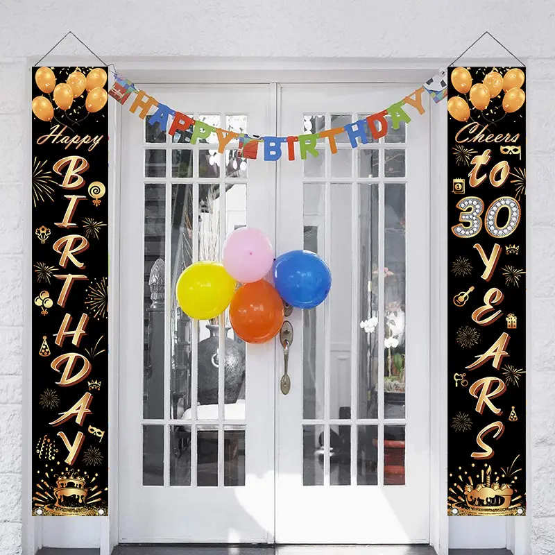 Bannière d'anniversaire, décorations de porte, 1 pièce, décor mural, de couleur noir et or, drapeau en tissu, suspendu pour couple de porte, pour fête à la maison