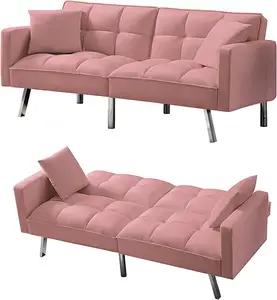 现代客厅双人扶手2枕头簇绒蒲团沙发可转换双人沙发斜躺休闲沙发