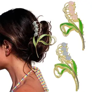 Hot Selling Large 4.3 Inch Flower Decoration Metal and Acetate Claw Clip for Women Girl Elegant Hair Claw Clip