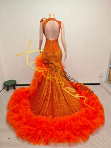 Ocstrade One Piece Custom Split <strong>Orange</strong> Beaded Rhinestone Evening <strong>Dress</strong> Gown With Ornate Floral and Dramatic Ruffled Tulle Train - Product Image 6