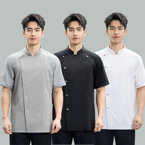 Vestes de chef personnalisées pour hommes, manches courtes, 100% polyester, fermeture à boutons embossés, tissu sergé, uniforme de chef pour hôtels, restauration - Product Image 1