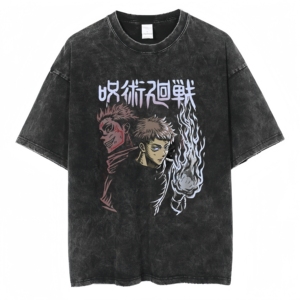 T-shirt d'été en jersey de coton inspiré de l'anime Harajuku, à manches courtes, technique de lavage à l'acide, imprimé en relief, coupe ample, 300 grammes, motif personnage - Product Image 4