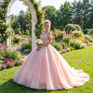 Beaded Crystal <b>Appliques</b> Embroidery Pink Floral Natural Chapel Train Ball Gown Wedding <b>Dress</b> Quinceanera Sweet 16 <b>Dresses</b> Lsmc11 - Product Image 1