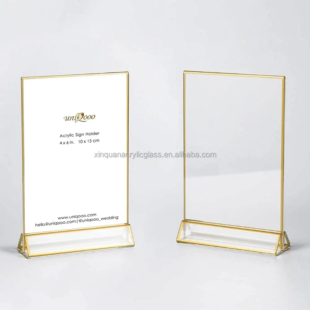 Double Sided Menu Holder Table Display Stand Frames Clear Acrylic Gold Frames Sign Holders Gold Edge Table Holder