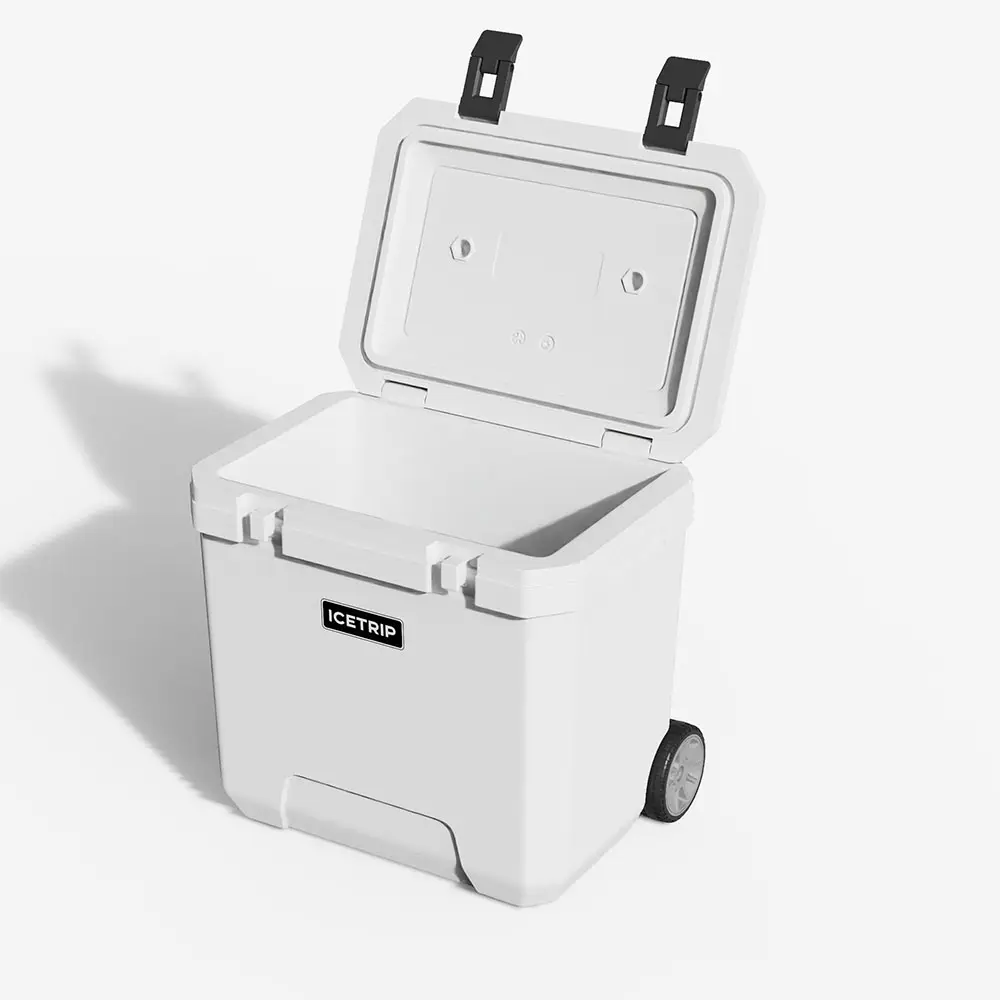 Kotak pendingin keras beroda 40L, kotak pendingin dada es piknik portabel plastik menjaga es Kemah dengan pegangan