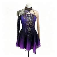 Costume de patinage artistique violet et noir dégradé, robe en maille à manches longues avec strass pour filles adultes, compétition et performance