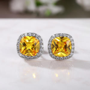 Classic Yellow Zircon <b>Stud</b> <b>Earrings</b> with Diamond Halo Claw Setting for Women Party <b>Fashion</b> Jewelry Alloy Cushion Cut E1048 - Product Image 1