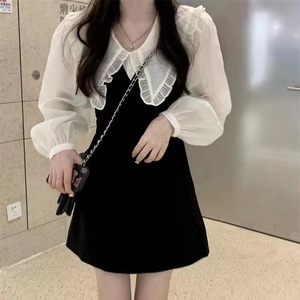 Peter Pan Collar Long Sleeve Dress Black A-Line Solid Color Splicing Natural Waistline Career Dress - Product Image 2