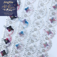 Ruban de dentelle en organza 3D blanc multicolore avec fleurs, perles et sequins, 100% polyester, crocheté, soluble dans l'eau, pour robe ethnique