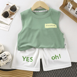 Nouvel <span class=keywords><strong>ensemble</strong></span> gilet piqué en coton et polyester pour enfants, style coréen, tenue de <span class=keywords><strong>sport</strong></span> sans manches pour garçons et filles, <span class=keywords><strong>ensemble</strong></span> deux pièces avec lettres - Product Image 2