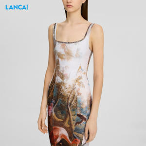 เดรสยาวครึ่งเข่าผ่าแขนกุดพิมพ์ลายกราฟิกแนววินเทจชุดเดรสฤดูร้อนของ2024 - Product Image 2