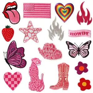 Cartoon Clothes Decoration Decal Embroidery Cloth, Cute Pink Embroidery Patch, Love Butterfly Fabric Lace Chenille Resin Iron-on