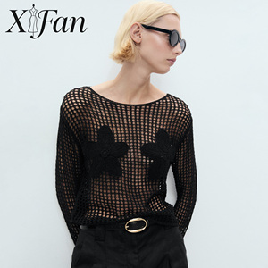 Pull décontracté pour femme, mode européenne et américaine 2026, hauts en crochet pour femme, sexy, ajouré, tricoté, brodé, col rond - Product Image 1