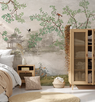Papier peint non tissé mural Paysage Lacustre et Arbres, Taille personnalisée, Décoration murale élégante style Chinoiserie pour Salon, Chambre, Hall d'hôtel