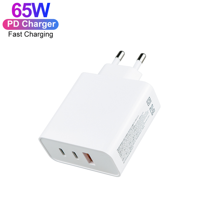 65W GaN Charger KC Certified 3 Ports Fast Charging 65W PD Adapter Type C Wall Charger for Mobile Phone Laptop Tablet