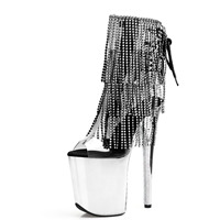 Bottines à paillettes brillantes de 20 cm avec franges, talon aiguille de 8 pouces, bout ouvert, semelle épaisse, pour la danse sur scène et les soirées en boîte de nuit estivales