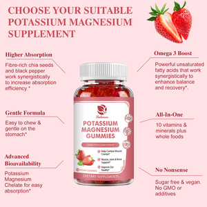 Gummies de potassium et de magnésium - Magnésium glycinate et citrate de potassium à absorption élevée, dose de 200 mg, 60 unités - Product Image 3