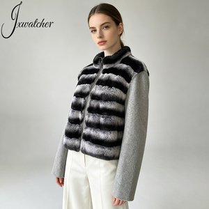 Jxwatcher Giacca in Vera <span class=keywords><strong>Pelliccia</strong></span> di Coniglio Rex Morbida e Calda con Zip, Maniche Lunghe, <span class=keywords><strong>Cappotto</strong></span> Invernale Personalizzato in Lana Doppia Faccia con <span class=keywords><strong>Collo</strong></span> Alto per <span class=keywords><strong>Donna</strong></span> - Product Image 3