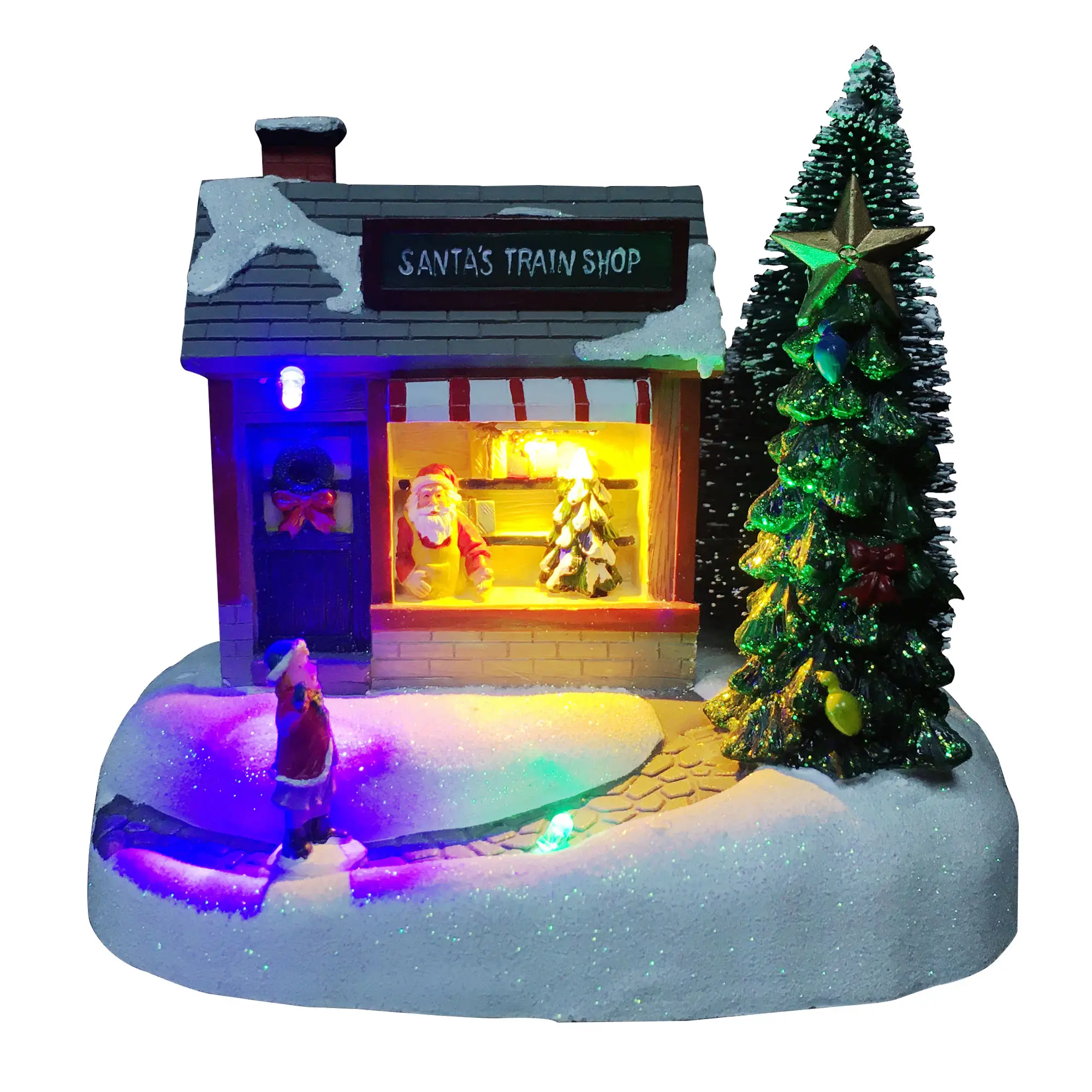 Melody Colorful Xmas Village Christmas Decoration Santa's Train Shop Scene Led Lighted Christmas House