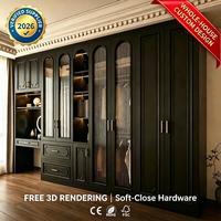 Armoire noire rétro française avec portes en verre cintrées et coiffeuse intégrée |   Conception personnalisable du sol au plafond