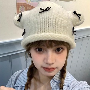 Bonnet tricoté avec oreilles de chaton mignonnes et nœud pour femme, chapeau à oreilles couvrantes pour l'automne et l'hiver, bleu, noir, rouge, blanc - Product Image 3