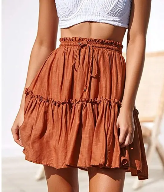 Plus Size High Hot Sale Women Fashion Skirt Printed Pleated Ruffle Lace-up A-line Short Skirt Women Cute Mini Short Skirt